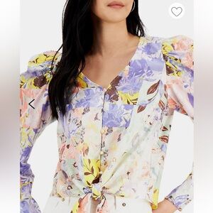 International Concepts Linen Puff Sleeve Button Front Blouse Floral Butterfly Sm